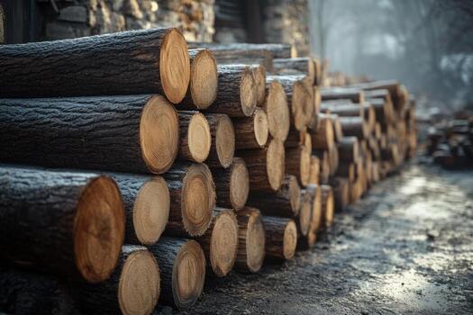 A pile of logs sitting next to a building photo