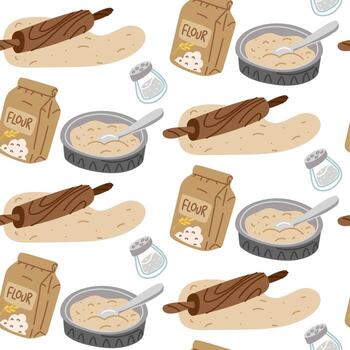 Baking ingredients pattern with flour and tools vector