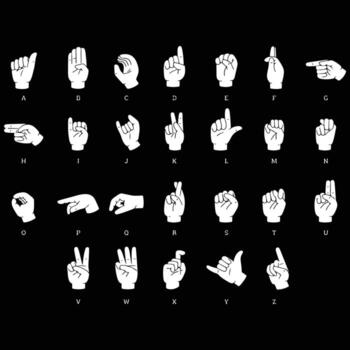 Complete American Sign Language Alphabet Display with Hand Gestures for Each Letter on a Black Background for Educational and Communication Purposes vector