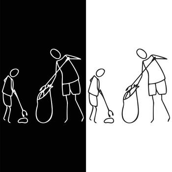 Illustration of an Adult and Child Working Together to Pick Up Trash with Grabbers and a Bag Shown in Both Dark and Light Backgrounds Promoting Community Cleanup and Environmental Responsibility vector