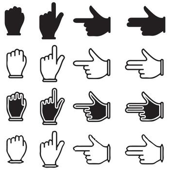 Collection of Hand Gesture Icons Representing Pointing Clicking and Fist Motions in Multiple Styles for Communication and Interface Design vector