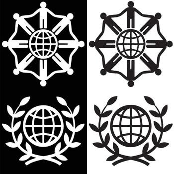 Global Unity and Peace Symbols Featuring Globe with People and Olive Branch Emblems in Black and White Design Style vector