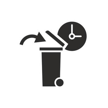 icon of trash can and clock, the expiration date has expired, time to dispose of the spoiled product, container bin for trash, flat symbol illustration vector
