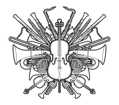 Orchestra Instruments Set Cartoon Outline vector