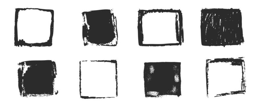 Grunge rectangle frames with textured edges, paint brush ink graffiti splatter and stencils, border. Retro scribble abstract shapes vector