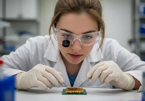 Focused scientist inspecting microchip with precision tools in a sterile laboratory environment photo
