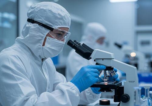 Scientist in Protective Gear Using a Microscope in a Modern Lab photo