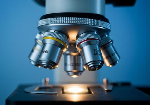 Microscope Objectives with Magnification Labels and Illuminated Stage on Blue Background photo