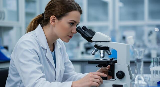 Focused Scientist Using Modern Microscope in Lab photo