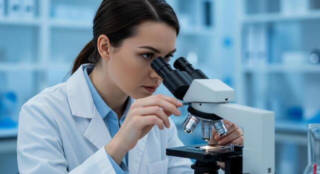 Focused Scientist Using Microscope in Modern Lab photo