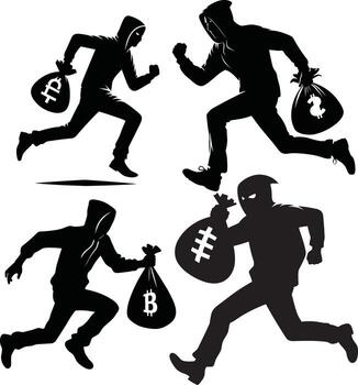 Silhouette of Hacker Running with Stolen Data Bag vector