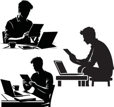 Man Working on Tablet with Laptop vector