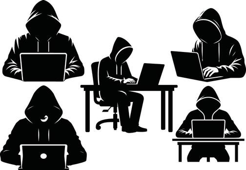 Cybercriminal Hacker Working on Laptop Silhouette vector