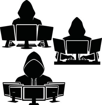 Silhouette of Hacker with Multiple Monitors vector