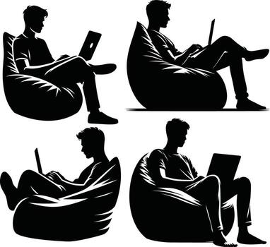 hombre relajante en bolsa de frijoles silla con ordenador portátil vector