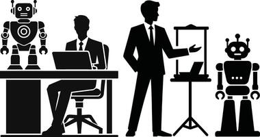 Manager Giving Presentation with Robot Assistant Silhouette vector