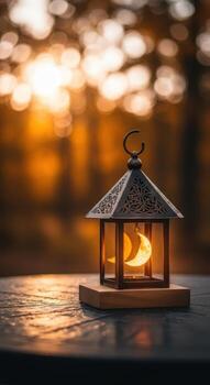 Islamic lantern with crescent moon glowing at dusk with bokeh background photo