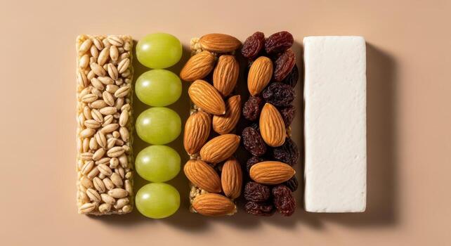 Healthy snack bar ingredients arranged in rows on a neutral background photo
