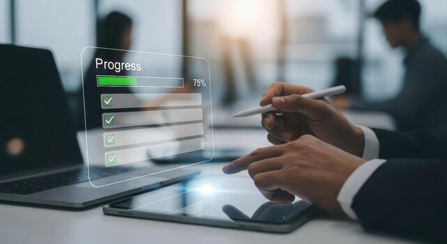 Business person checking off tasks on a digital progress bar checklist photo