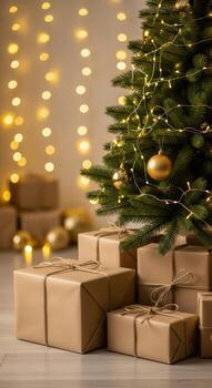 Christmas tree with gifts and warm bokeh lights in the background photo