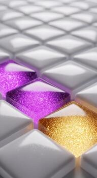 Abstract geometric pattern with purple and gold sparkling tiles photo