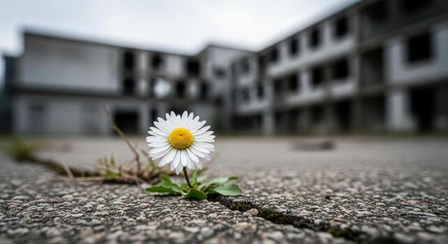Daisy growing through a crack in concrete in front of abandoned building photo