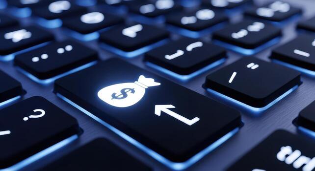 Closeup of a keyboard with a glowing money bag icon on the enter key photo