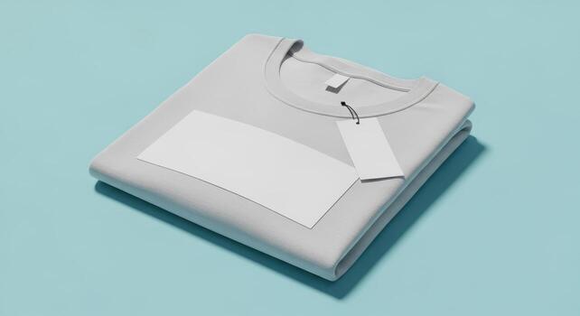 Folded grey tshirt with blank tag, isolated on blue background photo