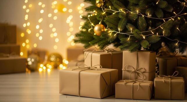 Christmas tree with gifts and festive bokeh lights background photo