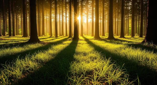 Sunlight filtering through trees in a green forest with long shadows photo