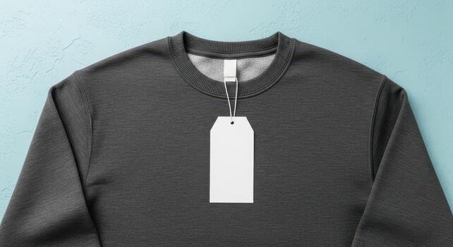 Dark gray crewneck sweatshirt with a blank white tag hanging photo
