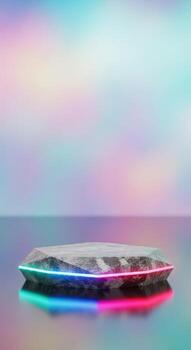 Stone pedestal with neon lights on a colorful abstract background photo