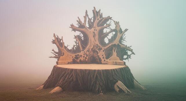 Tree stump with exposed roots and branches in foggy atmosphere photo
