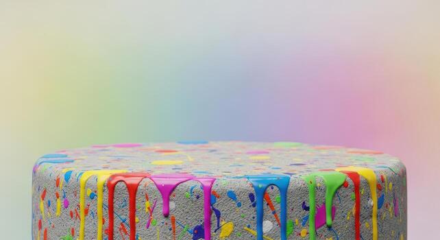 A concrete display pedestal with colorful paint splatters and drips photo