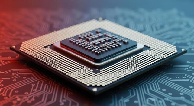 Closeup of a modern computer processor chip on a circuit board photo