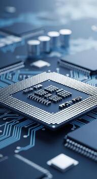 Closeup of a computer cpu processor on a blue circuit board photo