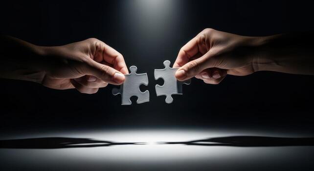 Two hands connecting puzzle pieces in dramatic lighting photo