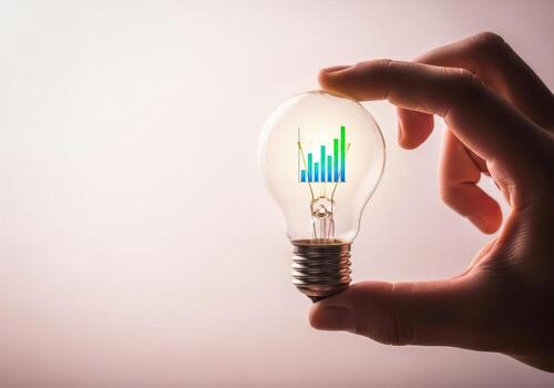 Hand holding a lightbulb with a growth chart inside, symbolizing innovation photo