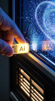 Hand inserting ai chip into futuristic glowing server rack photo