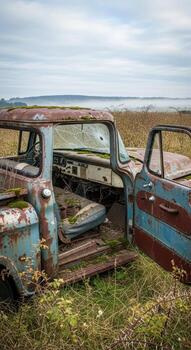 Abandoned rusty old truck in a grassy field under a cloudy sky photo