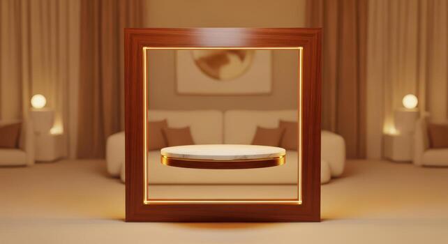 Floating display platform with warm ambient lighting in a modern room photo