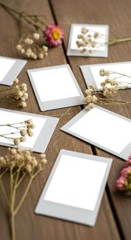 Blank instant photo frames with dried flowers on wooden table