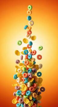 Colorful cereal loops falling against an orange background photo