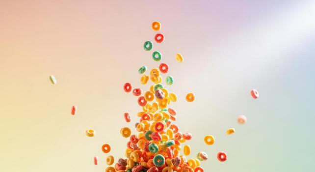Colorful cereal rings exploding upwards against a gradient background photo
