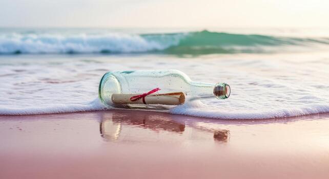 Message in a bottle washed ashore on a sandy beach with gentle waves photo