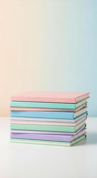 Stack of colorful notebooks on a white table with a gradient background photo