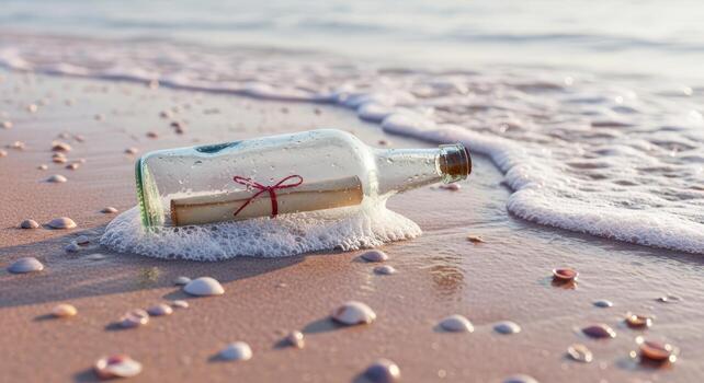 Message in a bottle washed ashore on a sandy beach with shells photo