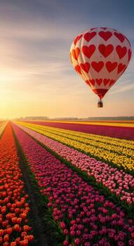 Hot air balloon with heart pattern flying over a field of tulips photo
