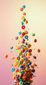 Colorful cereal loops and squares exploding upwards against a gradient background photo