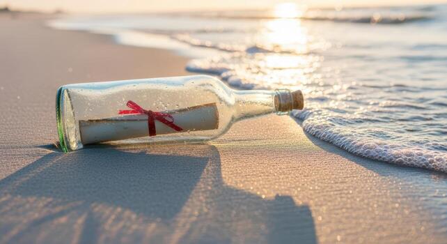 Message in a bottle washes ashore on a sandy beach at sunset photo